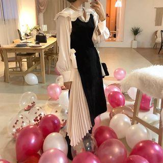 Layered Collar Blouse / Mock Two-piece Sleeveless Midi A-line Dress