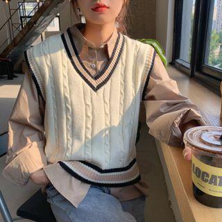 Contrast Trim Sweater Vest / Long-sleeve Shirt