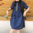 Plain Short-sleeve Collared Dress Navy Blue - One Size
