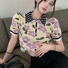 Short-sleeve Floral Knit Polo Shirt Light Green - One Size