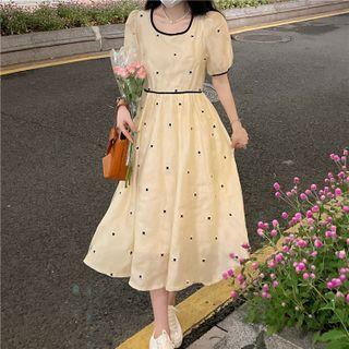 Puff-sleeve Star Embroidered Midi A-line Dress