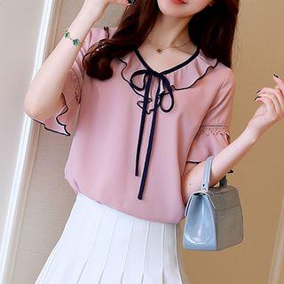 Contrast Trim Short Sleeve Chiffon Blouse