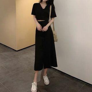 Set: Short-sleeve Button-up Crop Top + Midi A-line Skirt