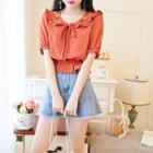 Flower Embroidered Elbow-sleeve Cropped Blouse / Wide-leg Denim Shorts / Set