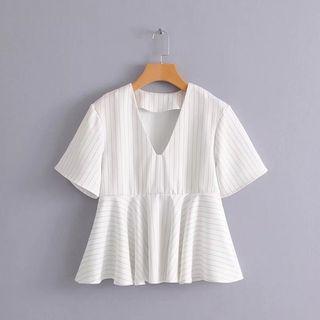 Pinstripe V-neck Ruffle Short-sleeve Top