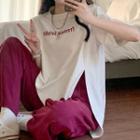 Short-sleeve Lettering Slit T-shirt / Wide Leg Pants