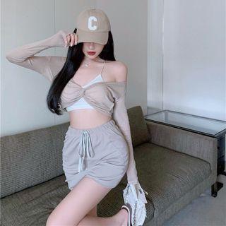 Long-sleeve Twisted Crop Top / Cropped Camisole Top / Mini Skirt