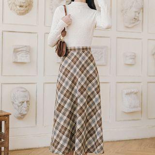 Set: Long-sleeve Mock-neck Top + Plaid Midi A-line Skirt