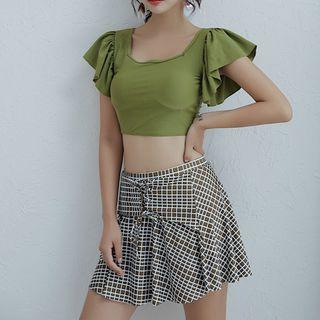 Set: Ruffled Swim Top + Bikini Bottom + Checker Swim Skirt