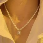 Faux Pearl Rhinestone Pendant Necklace 1pc - Silver & White - One Size