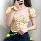 Puff-sleeve Dotted Frill Trim Buttoned Top Yellow - One Size
