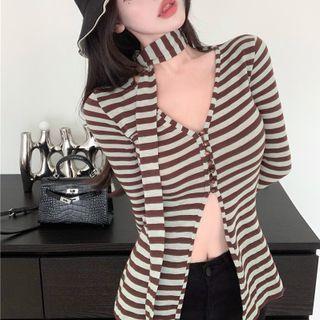 Choker-neck Long-sleeve Striped T-shirt