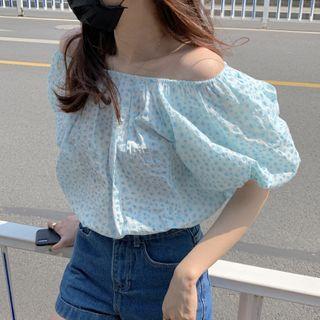Balloon-sleeve Floral Print Blouse Blue - One Size