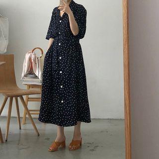 Dotted Elbow-sleeve Midi Dress