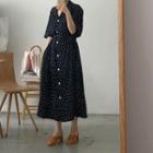 Dotted Elbow-sleeve Midi Dress