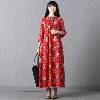 Mandarin Collar Floral Print A-line Maxi Dress