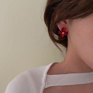 Flower Stud Earring 1 Pair - Silver Needle - Earring - Flower - Red - One Size