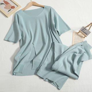 Set: Short-sleeve Side-slit Knit Top + Wide Leg Pants