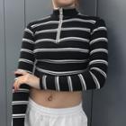 Long-sleeve Half-zip Striped Crop Top