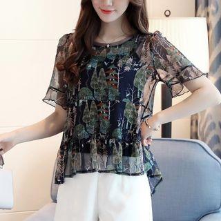 Printed Short Sleeve Chiffon Top With Camisole Top