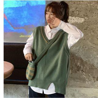 Long-sleeve Plain Shirt / Knit Vest / Crossbody Bag / Set