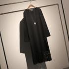 Long-sleeve Lace Panel Midi Dress Black - One Size