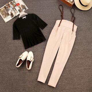 Set: Short-sleeve Plain Top + Suspender Pants