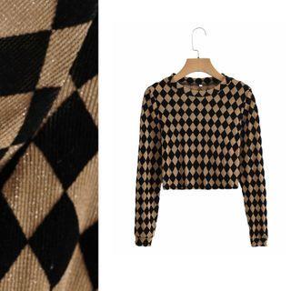 Long-sleeve Diamond Pattern Glitter Crop Top