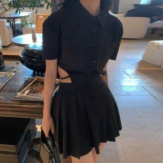 Short-sleeve Cut Out Shirt / Pleated Skirt