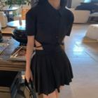 Short-sleeve Cut Out Shirt / Pleated Skirt