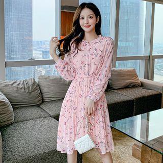 Long-sleeve Floral Print Frill Trim A-line Chiffon Dress