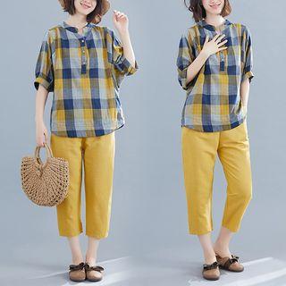 Set: Plaid Elbow-sleeve Shirt + Crop Pants