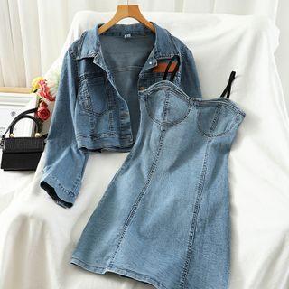 Set: Denim Jacket + Spaghetti-strap Mini A-line Dress