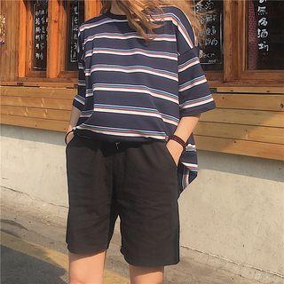 Striped Elbow-sleeve T-shirt Dark Blue - One Size