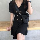 Plain Drawstring Button-up Wrap Dress Black - One Size