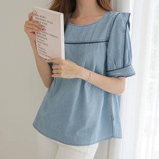 Sharp-shoulder Piped Denim Blouse