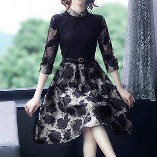Mock Two-piece Elbow-sleeve Lace A-line Dress