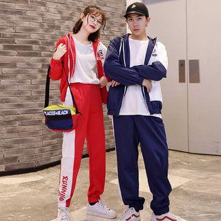 Couple Matching Color Block Hooded Zip Jacket + Sweatpants