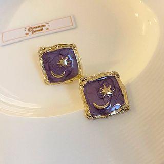 Moon & Star Square Alloy Earring 1 Pair - Gold & Purple - One Size
