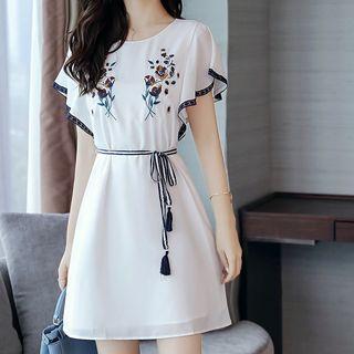 Cap-sleeve Embroidery Contrast-trim Chiffon Dress