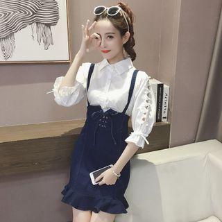 Elbow-sleeve Blouse / Lace-up Mini Mermaid Suspender Skirt / Set