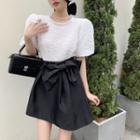 Short-sleeve Faux Pearl Trim Top / Bow Mini Skirt