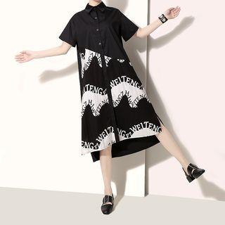 Lettering Short-sleeve Midi Shirt Dress Black - One Size