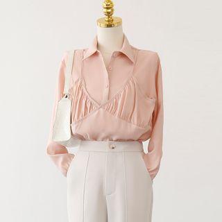 Mock Two Piece Plain Pleated Oversize Blouse