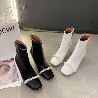 Beaded Chunky Heel Short Boots