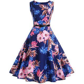 Sleeveless Printed A-line Dress With Belt