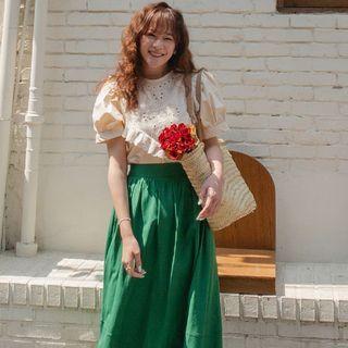 Puff-sleeve Eyelet-lace Trim Blouse Beige - One Size