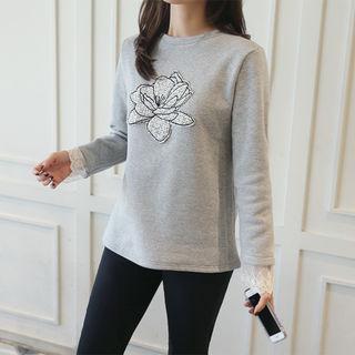 Lace-detail Floral Brushed-fleece T-shirt