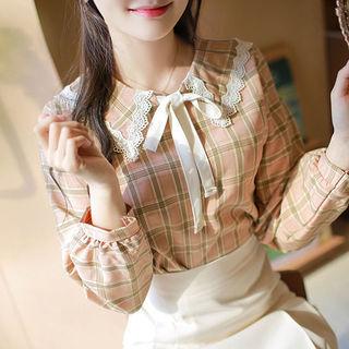 Laced-collar Tie-neck Plaid Blouse