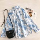 Color-block Single-breasted Long-sleeve Blouse Blue - One Size